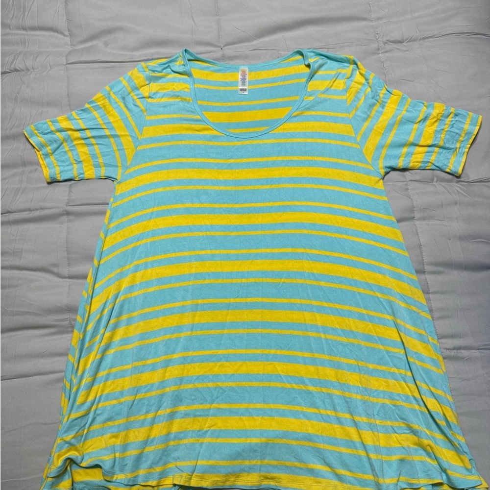 Lularoe Perfect T Vibrant Striped Tee in Aqua and Yellow